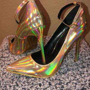 Holographic ankle strap heels